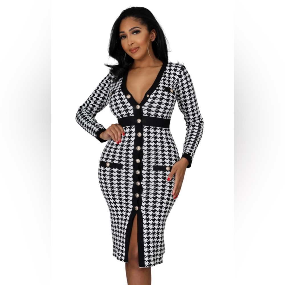 Women’s Houndstooth Print Body-con Sweater Dress